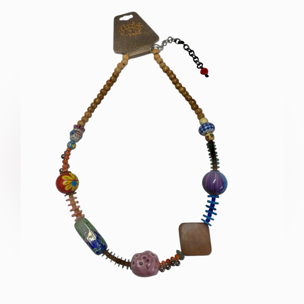 Aris by Treska Colorful Wood & Glass Beaded Tribal Coastal Necklace New